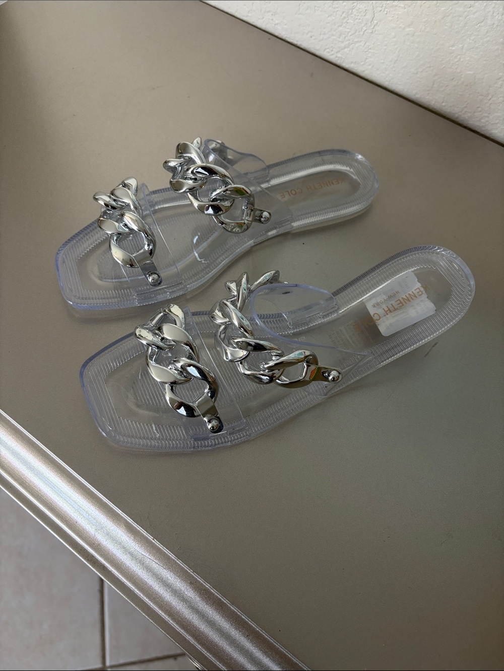 Kenneth Cole Clear Sandals with Silver Chain Accent